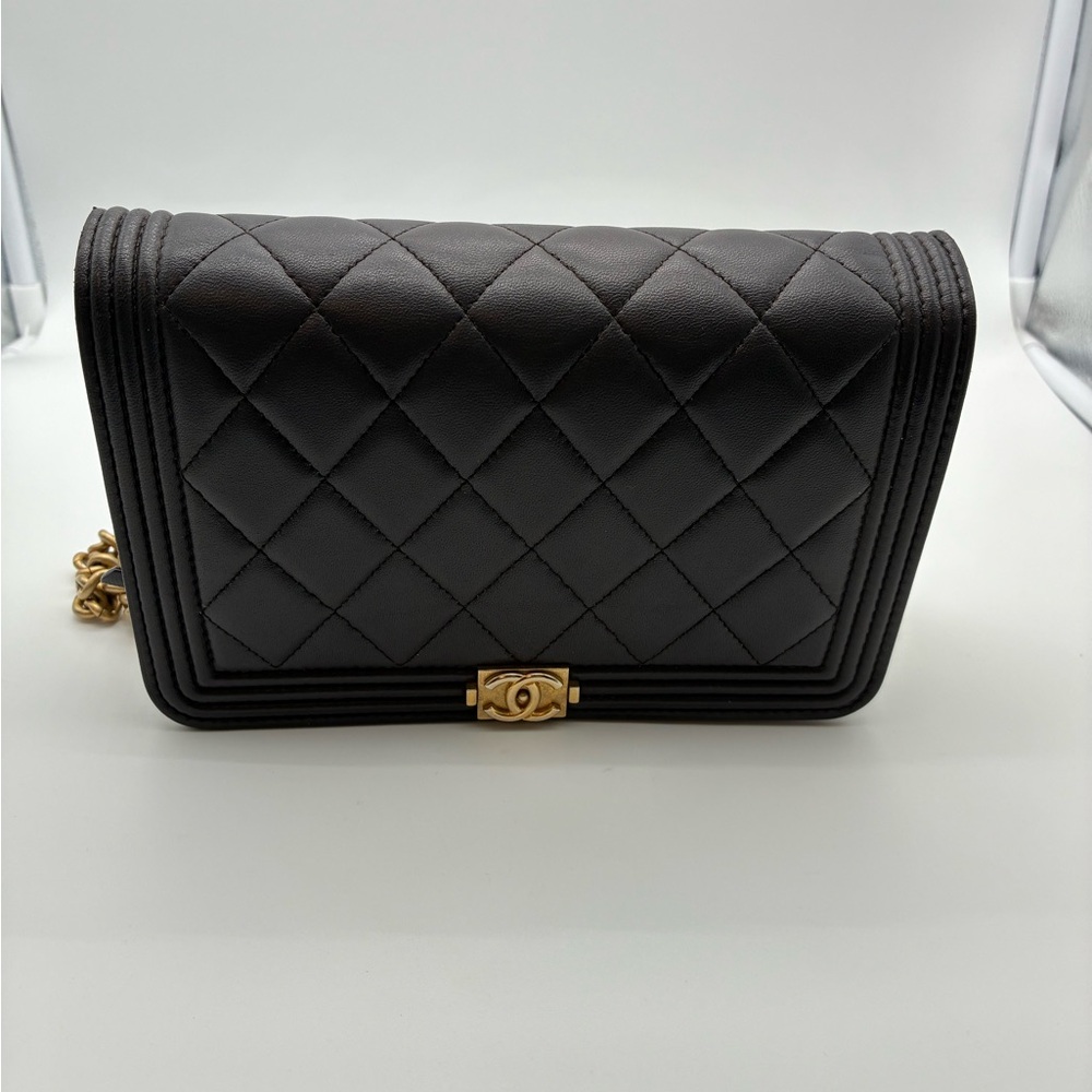 Chanel Quilted Dark Grey Le Boy Wallet WOC Lambskin Leather Crossbody bag